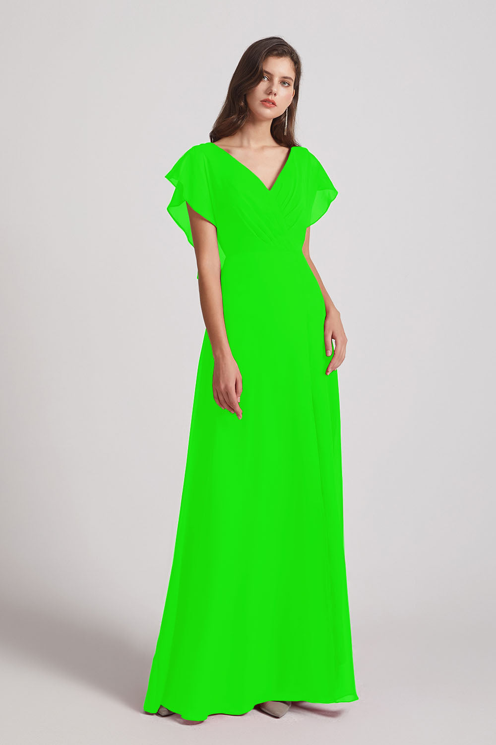 Alfa Bridal Lime Green V-Neck Chiffon Long Backless Bridesmaid Dresses with Side Slit (AF0071)