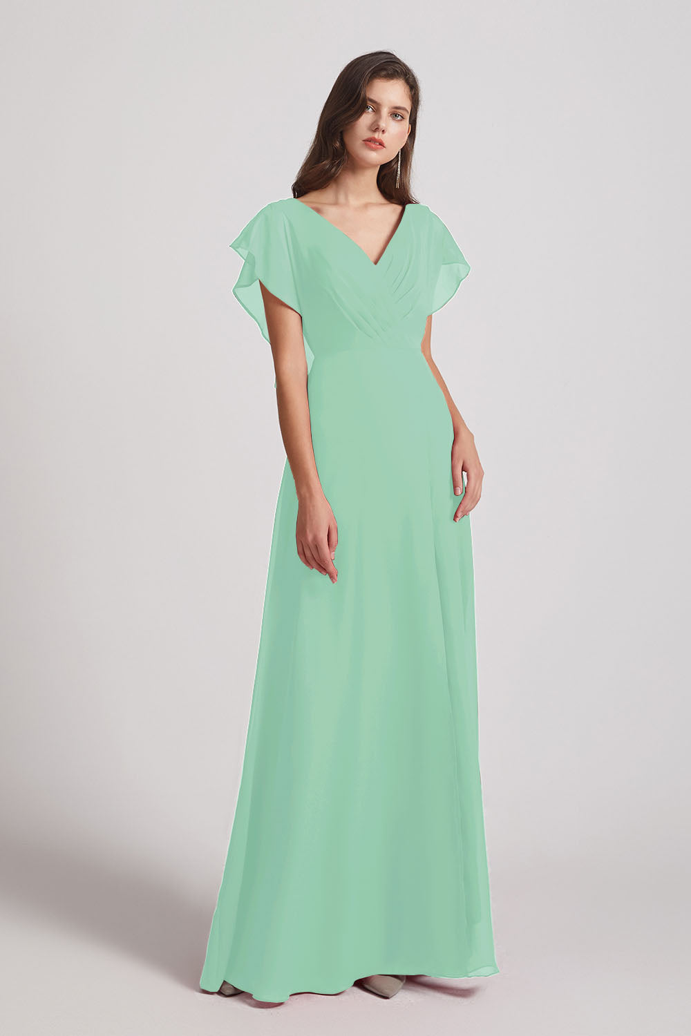 Alfa Bridal Mint Green V-Neck Chiffon Long Backless Bridesmaid Dresses with Side Slit (AF0071)