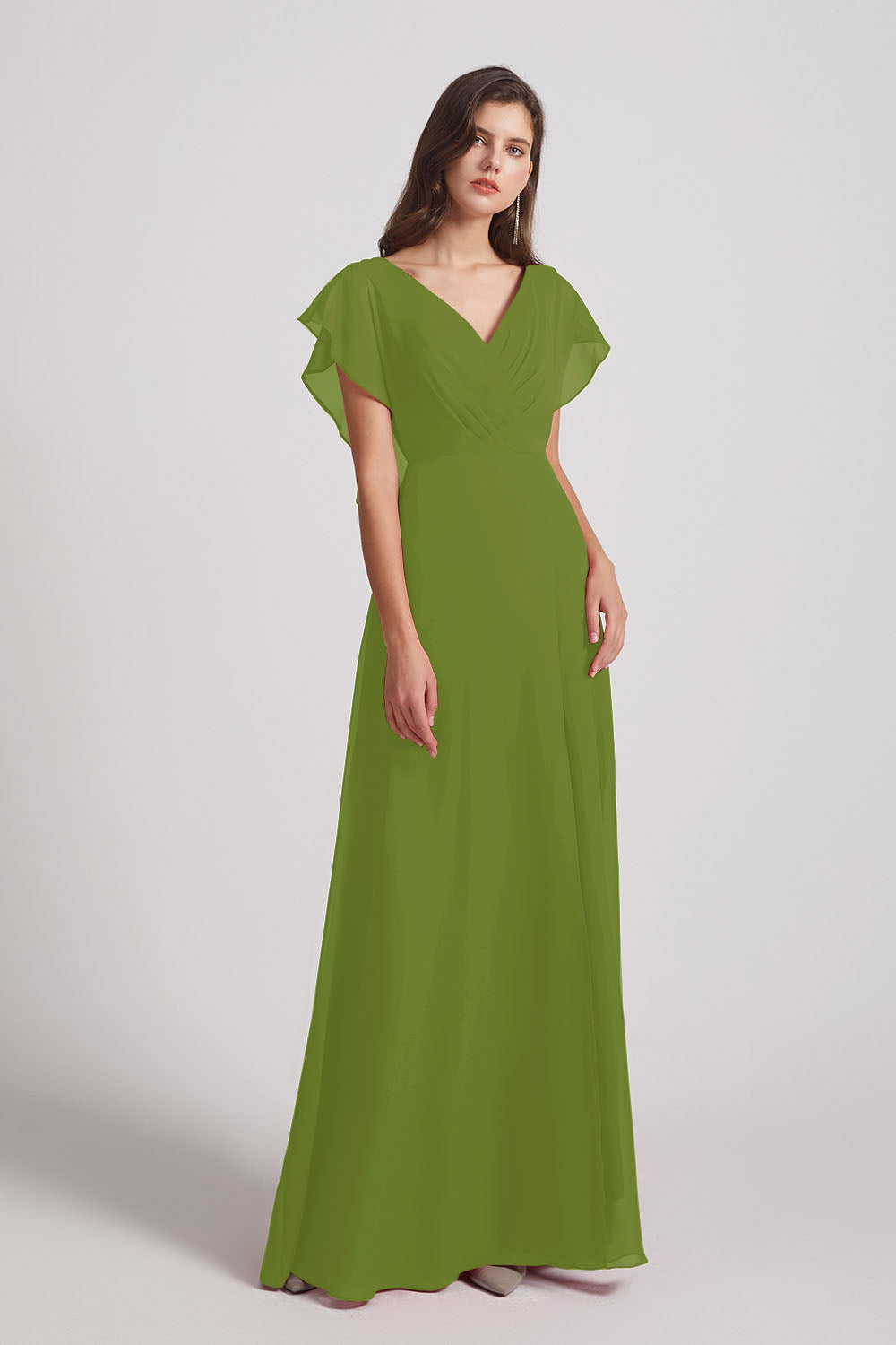 Alfa Bridal Olive Green V-Neck Chiffon Long Backless Bridesmaid Dresses with Side Slit (AF0071)