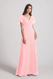 Alfa Bridal Pink V-Neck Chiffon Long Backless Bridesmaid Dresses with Side Slit (AF0071)