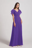 Alfa Bridal Purple V-Neck Chiffon Long Backless Bridesmaid Dresses with Side Slit (AF0071)