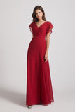 Alfa Bridal Dark Red V-Neck Chiffon Long Backless Bridesmaid Dresses with Side Slit (AF0071)