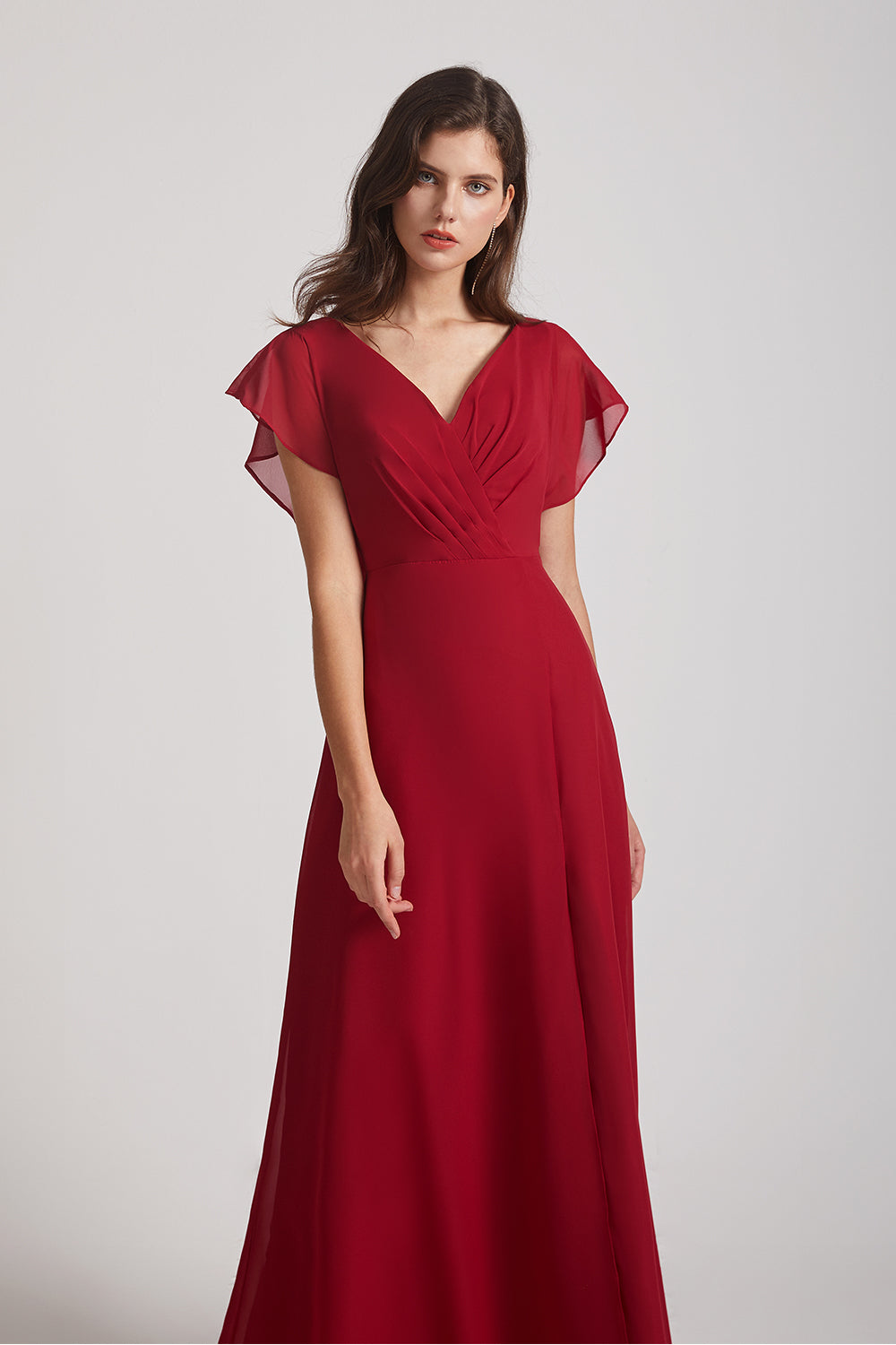 Alfa Bridal Dark Red V-Neck Chiffon Long Backless Bridesmaid Dresses with Side Slit (AF0071)