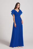 Alfa Bridal Royal Blue V-Neck Chiffon Long Backless Bridesmaid Dresses with Side Slit (AF0071)