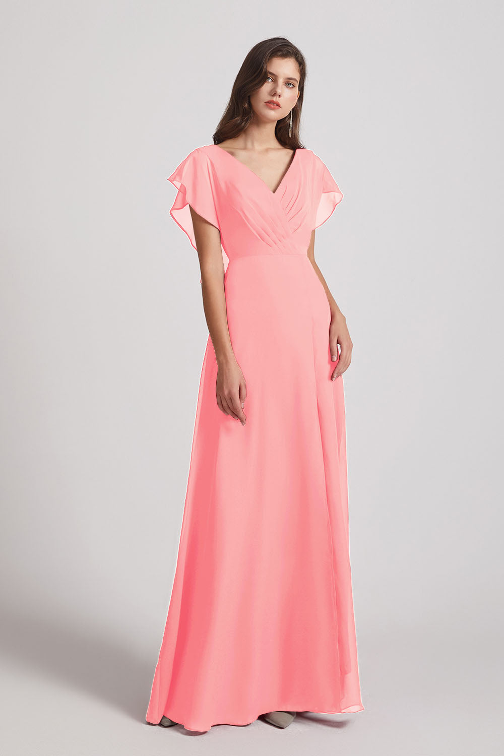 Alfa Bridal Salmon V-Neck Chiffon Long Backless Bridesmaid Dresses with Side Slit (AF0071)