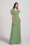 Alfa Bridal Seagrass V-Neck Chiffon Long Backless Bridesmaid Dresses with Side Slit (AF0071)