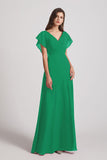 Alfa Bridal Shamrock Green V-Neck Chiffon Long Backless Bridesmaid Dresses with Side Slit (AF0071)