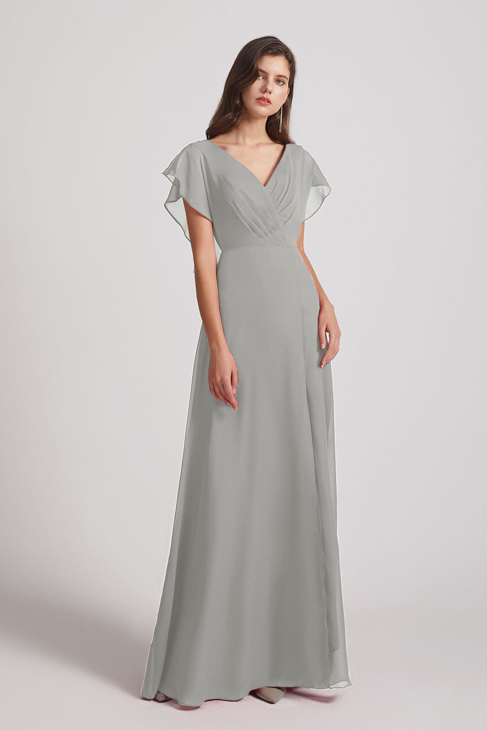 Alfa Bridal Silver V-Neck Chiffon Long Backless Bridesmaid Dresses with Side Slit (AF0071)