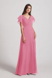 Alfa Bridal Skin Pink V-Neck Chiffon Long Backless Bridesmaid Dresses with Side Slit (AF0071)