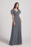 Alfa Bridal Slate Grey V-Neck Chiffon Long Backless Bridesmaid Dresses with Side Slit (AF0071)
