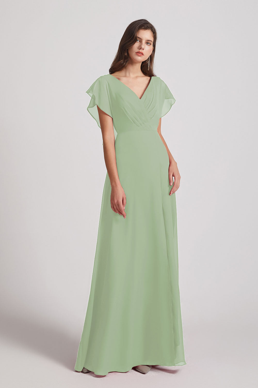 Alfa Bridal Smoke Green V-Neck Chiffon Long Backless Bridesmaid Dresses with Side Slit (AF0071)