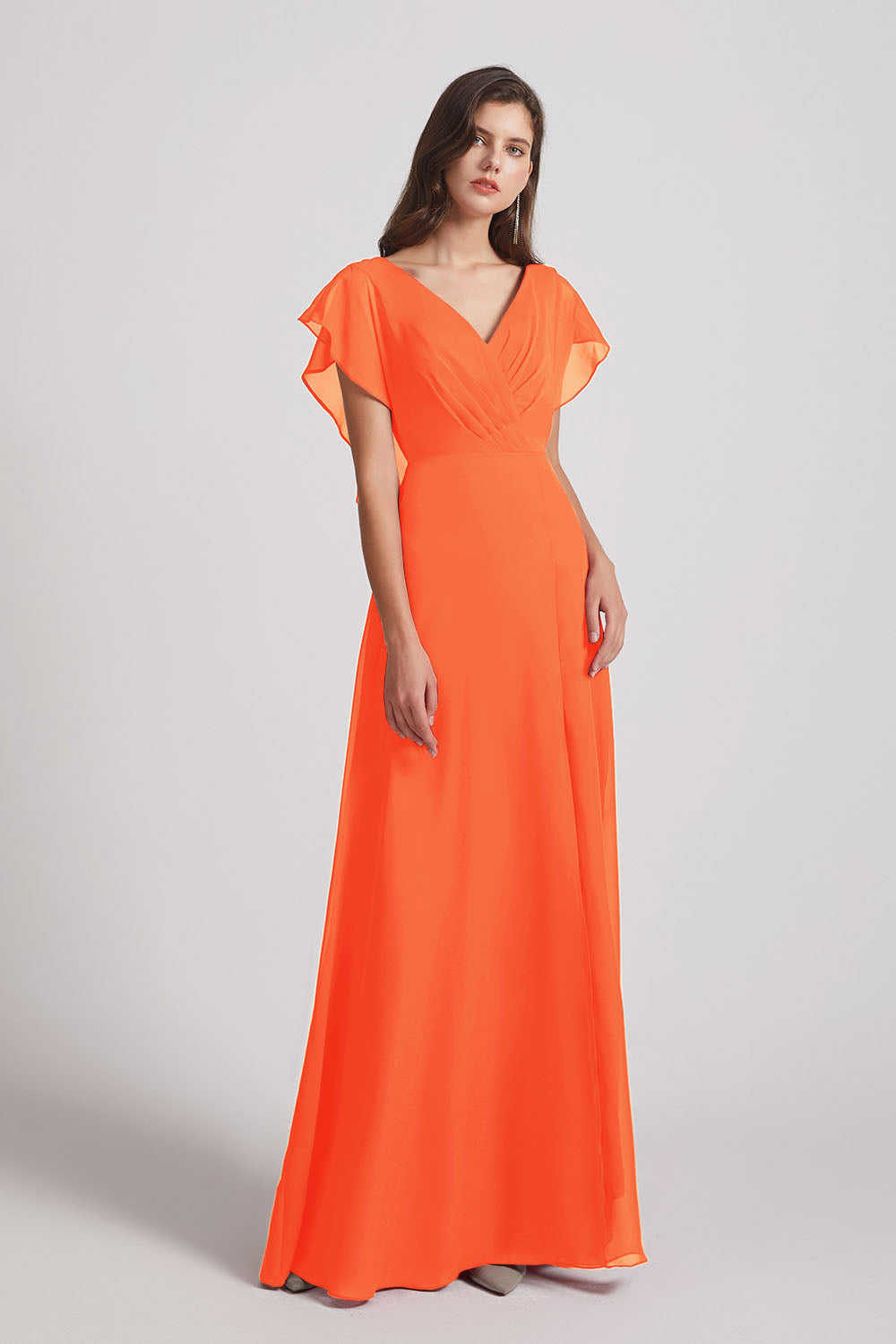 Alfa Bridal Tangerine Tango V-Neck Chiffon Long Backless Bridesmaid Dresses with Side Slit (AF0071)