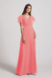 Alfa Bridal Watermelon V-Neck Chiffon Long Backless Bridesmaid Dresses with Side Slit (AF0071)