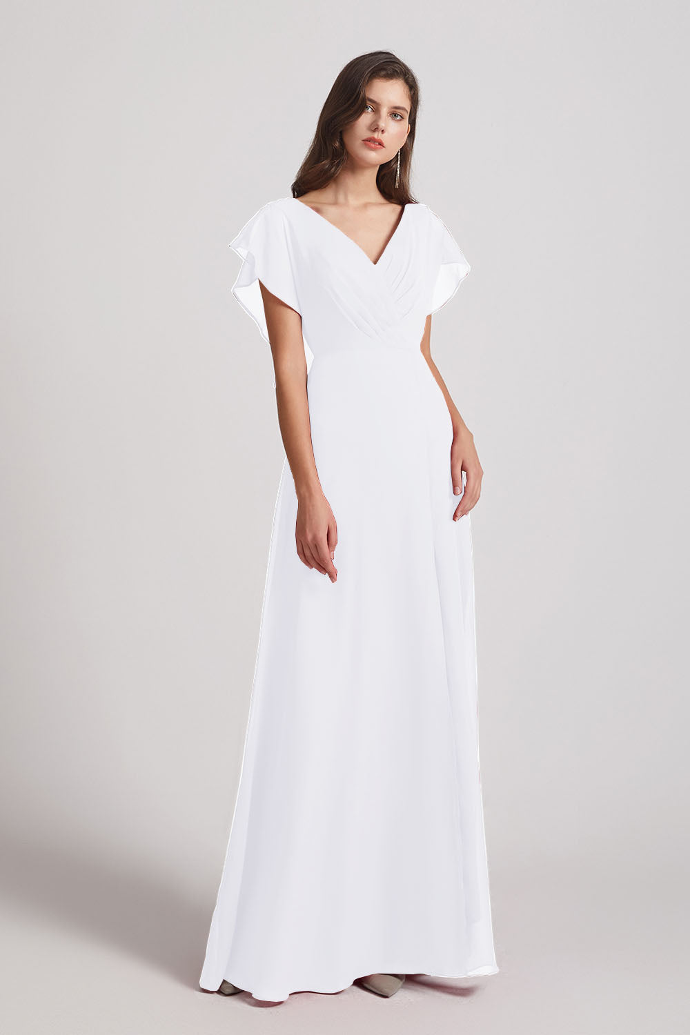Alfa Bridal White V-Neck Chiffon Long Backless Bridesmaid Dresses with Side Slit (AF0071)