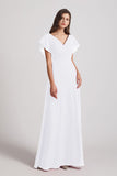 Alfa Bridal White V-Neck Chiffon Long Backless Bridesmaid Dresses with Side Slit (AF0071)