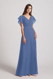 Alfa Bridal Windsor Blue V-Neck Chiffon Long Backless Bridesmaid Dresses with Side Slit (AF0071)