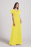 Alfa Bridal Yellow V-Neck Chiffon Long Backless Bridesmaid Dresses with Side Slit (AF0071)
