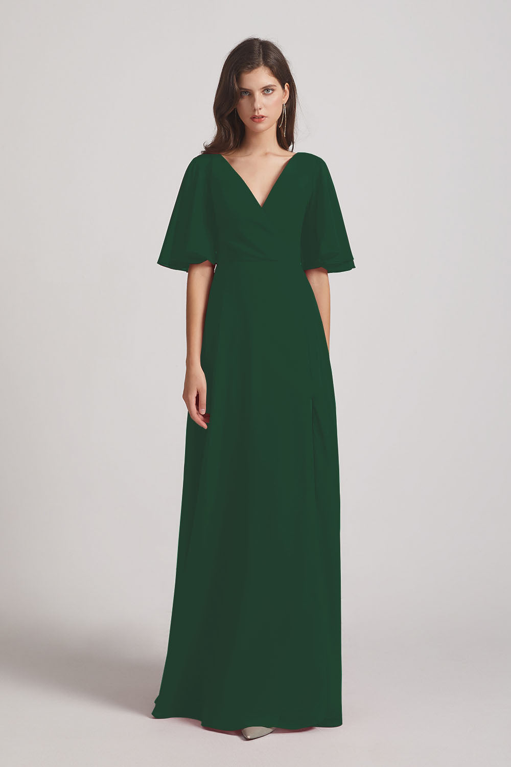 Alfa Bridal Dark Green V-Neck Chiffon Side Slit Bridesmaid Dresses With Flutter Half Sleeves (AF0056)