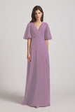 Alfa Bridal Dark Lavender V-Neck Chiffon Side Slit Bridesmaid Dresses With Flutter Half Sleeves (AF0056)