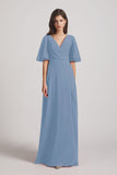 Alfa Bridal Dusty Blue V-Neck Chiffon Side Slit Bridesmaid Dresses With Flutter Half Sleeves (AF0056)