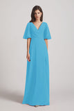 Alfa Bridal Ice Blue V-Neck Chiffon Side Slit Bridesmaid Dresses With Flutter Half Sleeves (AF0056)