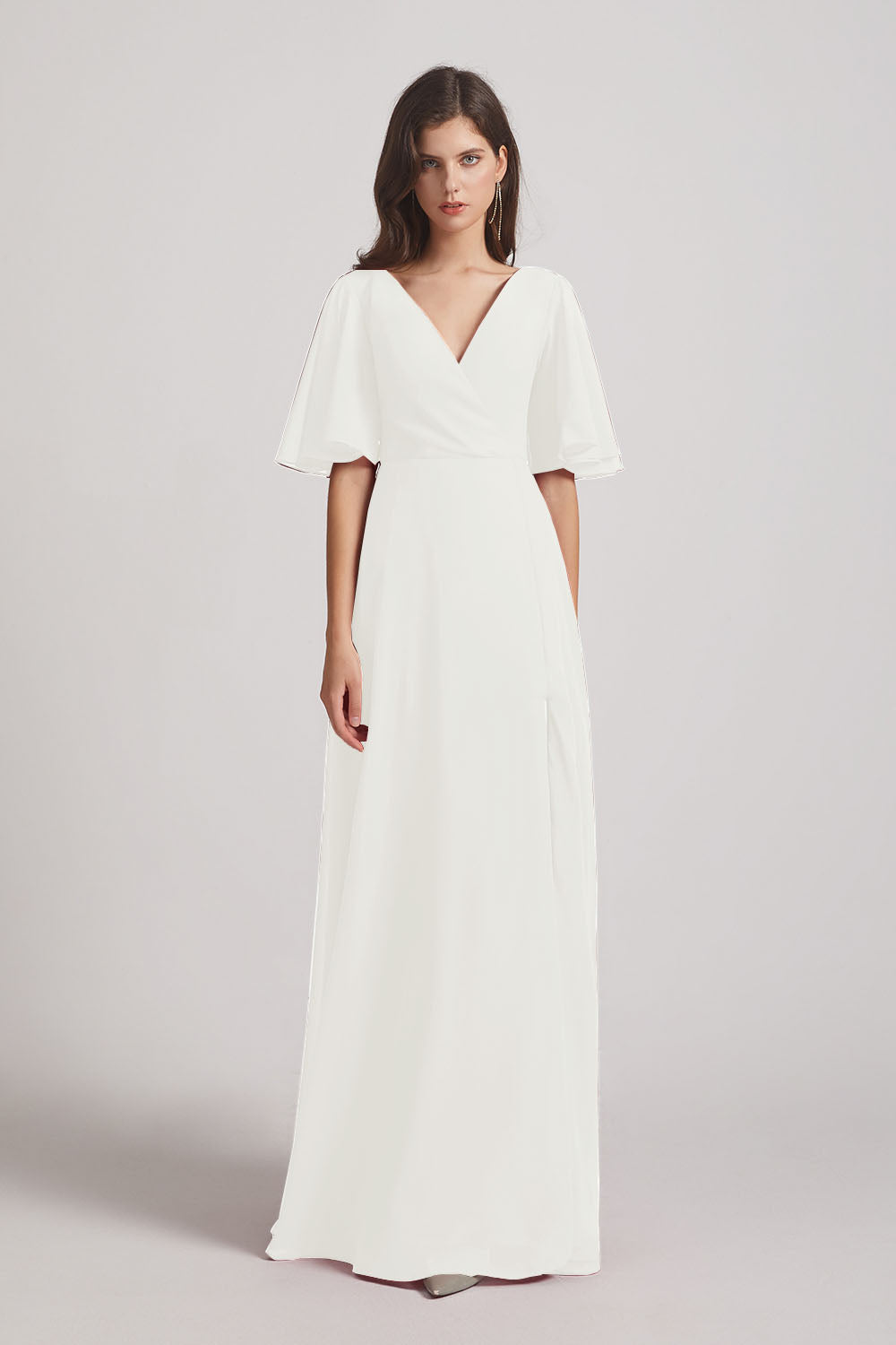 Alfa Bridal Ivory V-Neck Chiffon Side Slit Bridesmaid Dresses With Flutter Half Sleeves (AF0056)