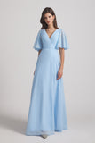 Alfa Bridal Light Sky Blue V-Neck Chiffon Side Slit Bridesmaid Dresses With Flutter Half Sleeves (AF0056)