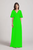 Alfa Bridal Lime Green V-Neck Chiffon Side Slit Bridesmaid Dresses With Flutter Half Sleeves (AF0056)
