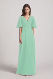 Alfa Bridal Mint Green V-Neck Chiffon Side Slit Bridesmaid Dresses With Flutter Half Sleeves (AF0056)
