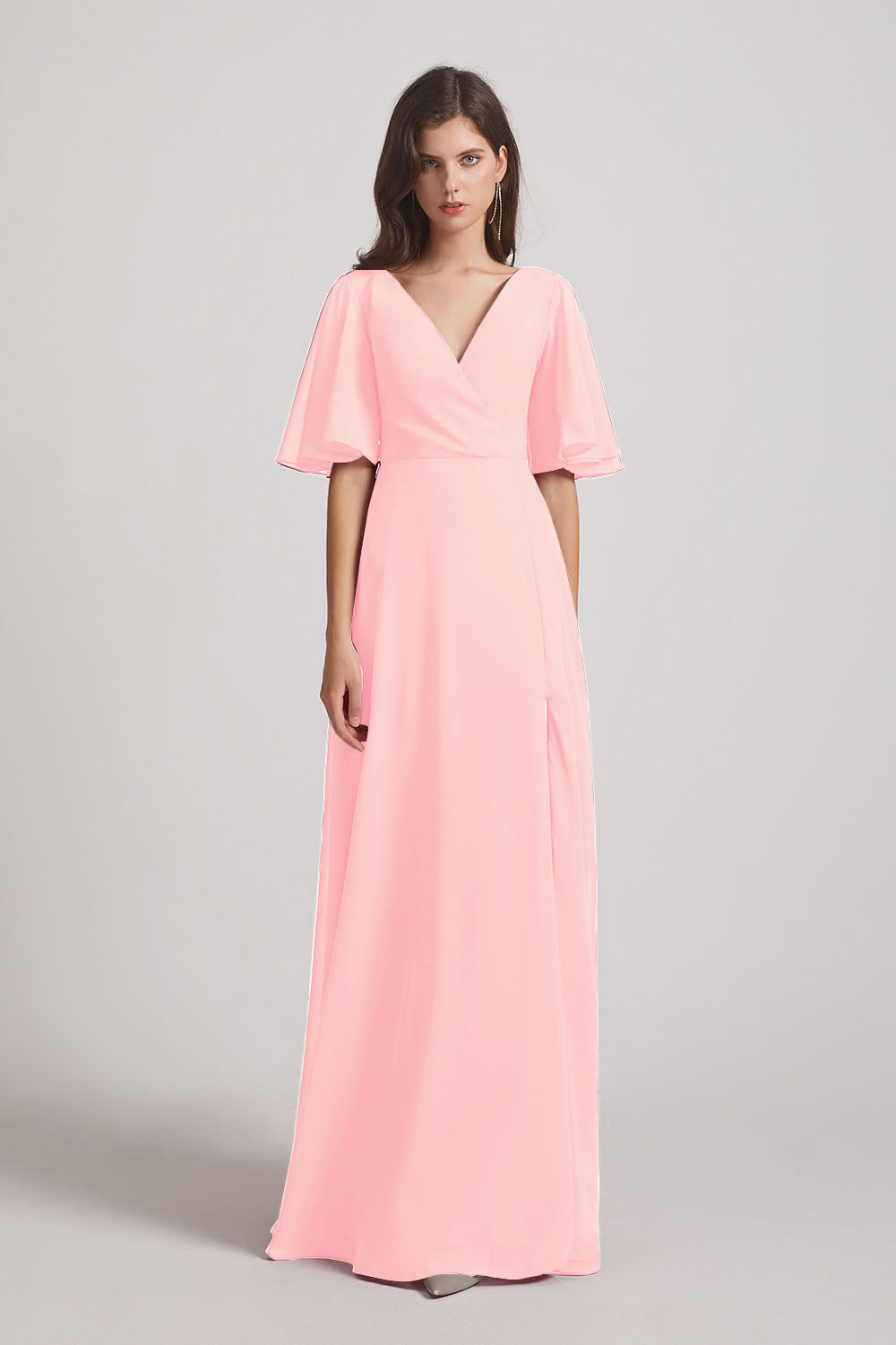 Alfa Bridal Pink V-Neck Chiffon Side Slit Bridesmaid Dresses With Flutter Half Sleeves (AF0056)