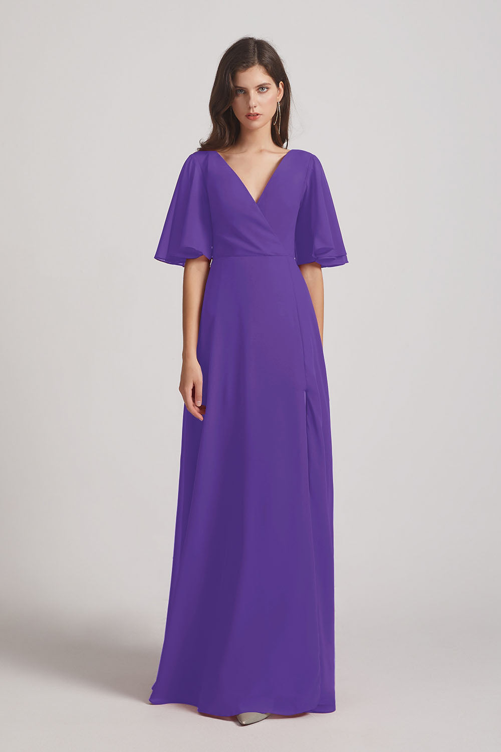 Alfa Bridal Purple V-Neck Chiffon Side Slit Bridesmaid Dresses With Flutter Half Sleeves (AF0056)