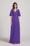 Alfa Bridal Purple V-Neck Chiffon Side Slit Bridesmaid Dresses With Flutter Half Sleeves (AF0056)