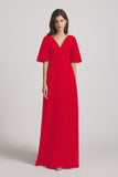 Alfa Bridal Red V-Neck Chiffon Side Slit Bridesmaid Dresses With Flutter Half Sleeves (AF0056)