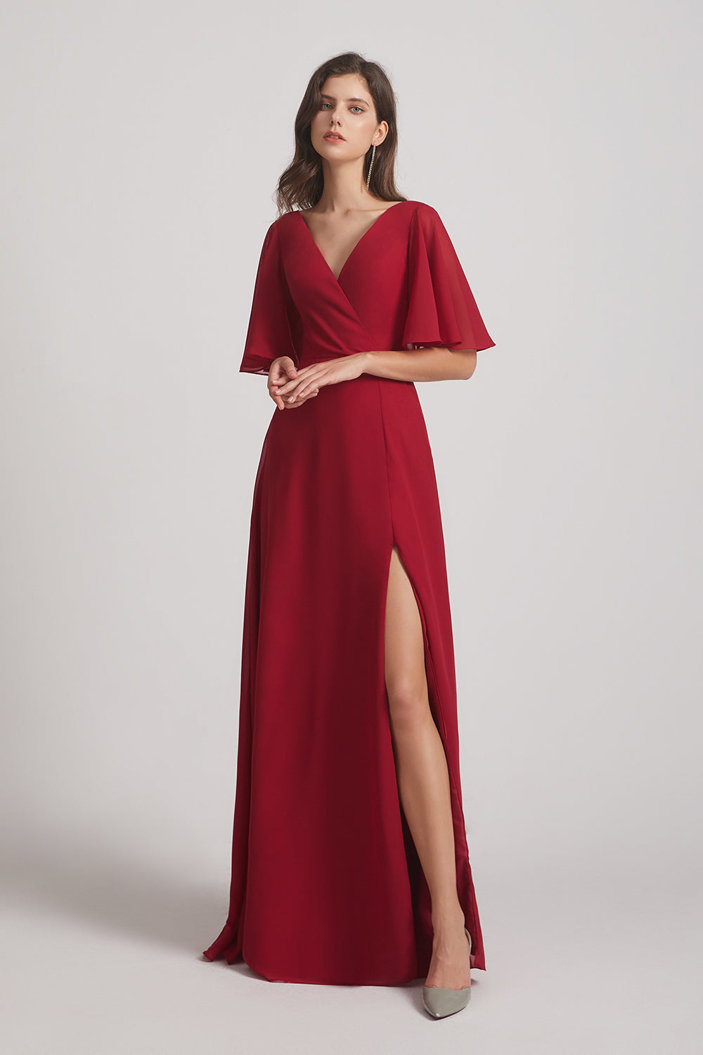 Alfa Bridal Dark Red V-Neck Chiffon Side Slit Bridesmaid Dresses With Flutter Half Sleeves (AF0056)