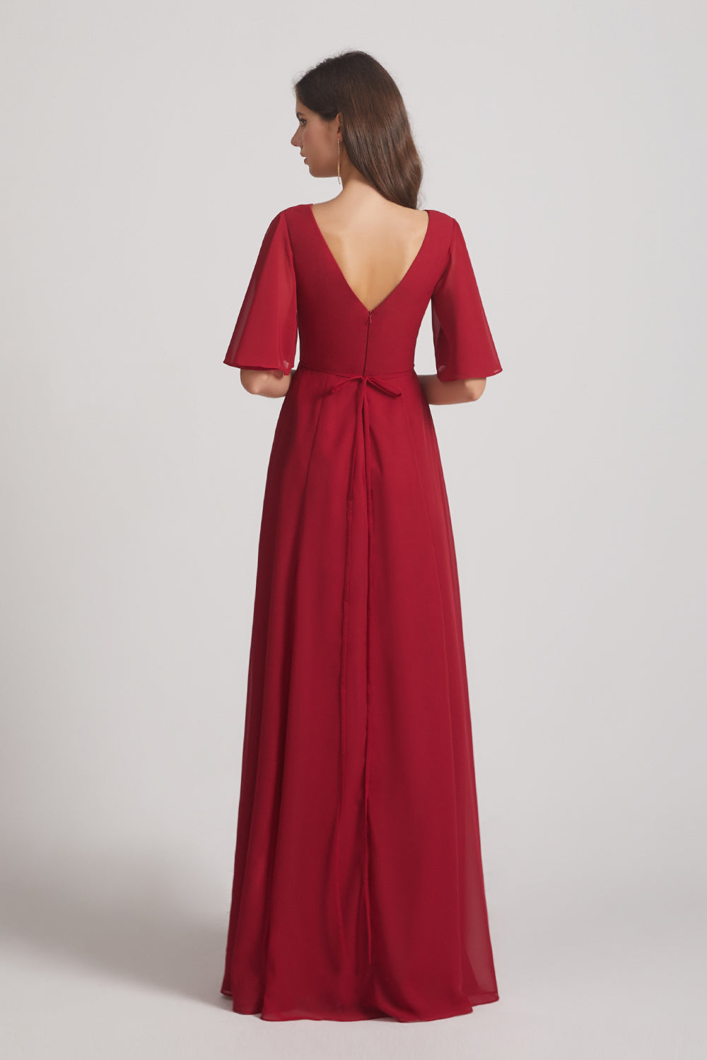 Alfa Bridal Dark Red V-Neck Chiffon Side Slit Bridesmaid Dresses With Flutter Half Sleeves (AF0056)