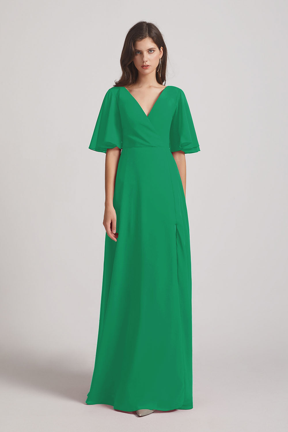 Alfa Bridal Shamrock Green V-Neck Chiffon Side Slit Bridesmaid Dresses With Flutter Half Sleeves (AF0056)