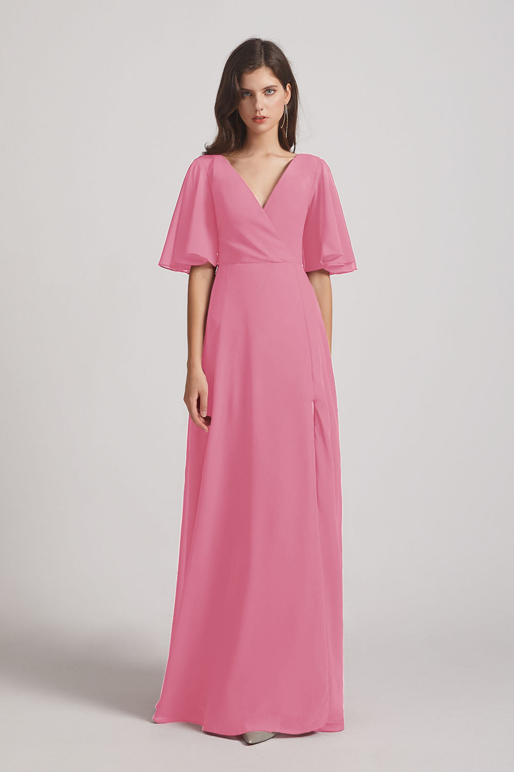 Alfa Bridal Skin Pink V-Neck Chiffon Side Slit Bridesmaid Dresses With Flutter Half Sleeves (AF0056)