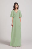Alfa Bridal Smoke Green V-Neck Chiffon Side Slit Bridesmaid Dresses With Flutter Half Sleeves (AF0056)