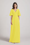 Alfa Bridal Yellow V-Neck Chiffon Side Slit Bridesmaid Dresses With Flutter Half Sleeves (AF0056)