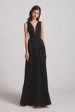 Alfa Bridal Black V-Neck Crinkle Sleeveless Chiffon Bridesmaid Dresses (AF0061)