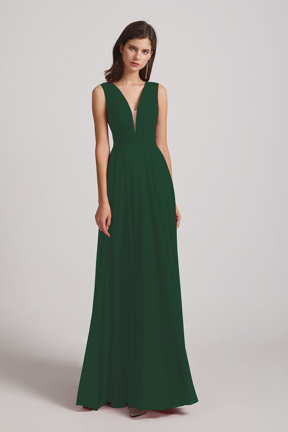 Alfa Bridal Dark Green V-Neck Crinkle Sleeveless Chiffon Bridesmaid Dresses (AF0061)