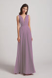 Alfa Bridal Dark Lavender V-Neck Crinkle Sleeveless Chiffon Bridesmaid Dresses (AF0061)
