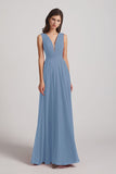 Alfa Bridal Dusty Blue V-Neck Crinkle Sleeveless Chiffon Bridesmaid Dresses (AF0061)