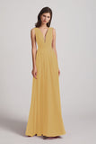 Alfa Bridal Gold V-Neck Crinkle Sleeveless Chiffon Bridesmaid Dresses (AF0061)