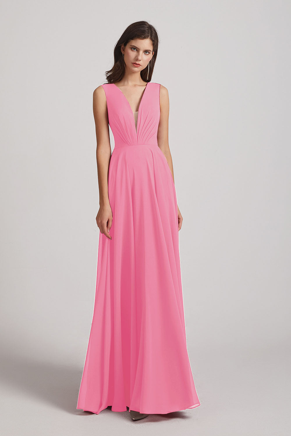 Alfa Bridal Hot Pink V-Neck Crinkle Sleeveless Chiffon Bridesmaid Dresses (AF0061)
