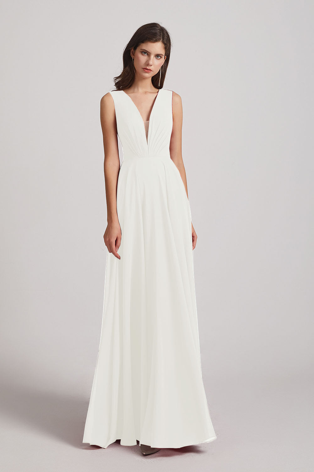 Alfa Bridal Ivory V-Neck Crinkle Sleeveless Chiffon Bridesmaid Dresses (AF0061)