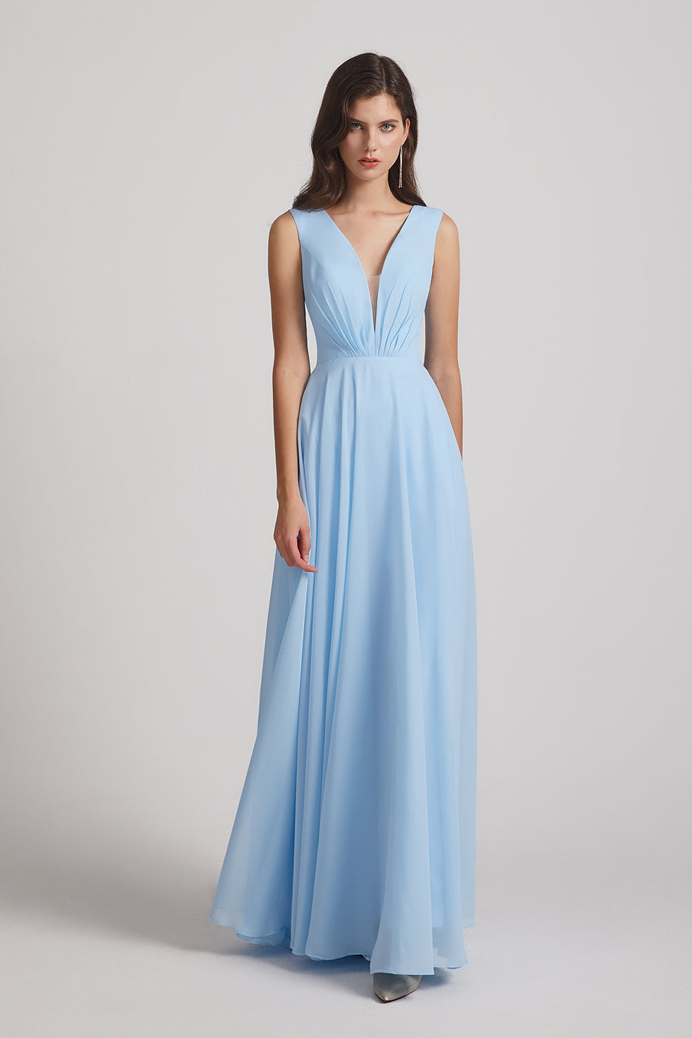 Alfa Bridal Light Sky Blue V-Neck Crinkle Sleeveless Chiffon Bridesmaid Dresses (AF0061)