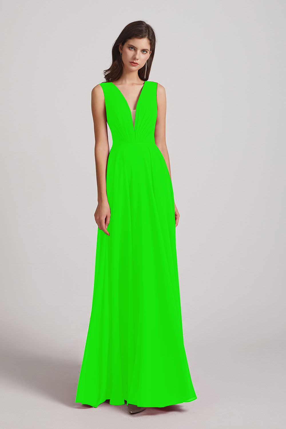 Alfa Bridal Lime Green V-Neck Crinkle Sleeveless Chiffon Bridesmaid Dresses (AF0061)
