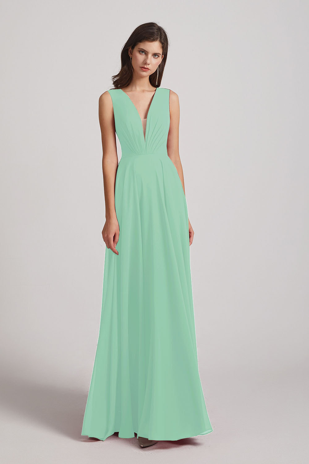 Alfa Bridal Mint Green V-Neck Crinkle Sleeveless Chiffon Bridesmaid Dresses (AF0061)