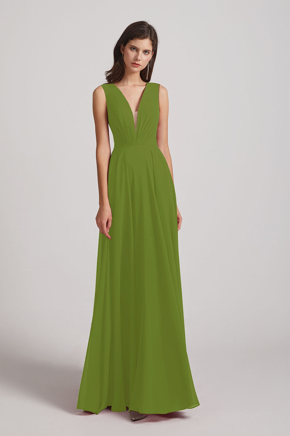 Alfa Bridal Olive Green V-Neck Crinkle Sleeveless Chiffon Bridesmaid Dresses (AF0061)
